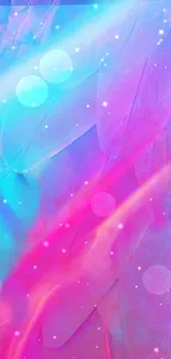 Vibrant feather gradient wallpaper with pink and blue hues, featuring sparkles.