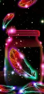 Neon feathers in a jar with cosmic background.