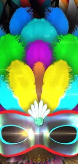 Colorful feather mask with vibrant hues.