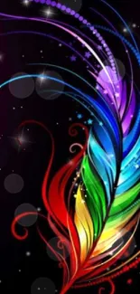 Vibrant feather wallpaper with rainbow colors on a dark background.