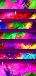 Colorful feather wallpaper with bold shelves.