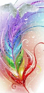 Vibrant multicolor feather art with raindrops and an angelic touch.