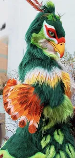 Vibrant green feathered creature with orange accents in a fantasy setting.