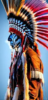 Vibrant feathered headdress against blue background