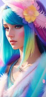 Colorful portrait with feathers and vibrant hues, perfect for mobile wallpaper.