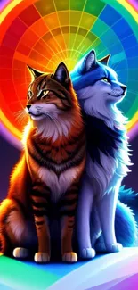 Realistic cats under a rainbow light in vibrant digital artwork.