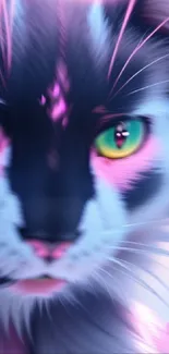 Close-up of a neon-themed cat with vibrant colors and mesmerizing eyes.