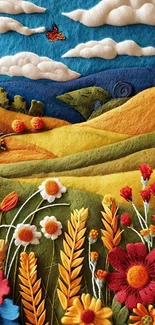 Vibrant felt landscape with flowers and sky.