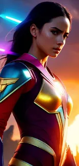 Female superhero in vibrant armor with glowing lights in the evening sky.