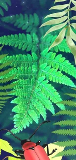 A vibrant forest wallpaper featuring ferns and a red insect against a blue background.