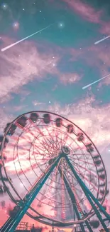 Ferris wheel with pink and blue sunset sky.