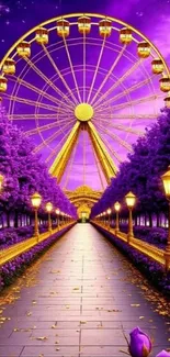 Vibrant Ferris wheel at night with purple trees and golden lights