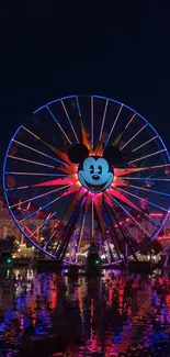 Colorful Ferris wheel at night with reflections in water.