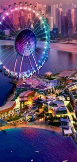 A vibrant ferris wheel illuminates the city skyline at night.