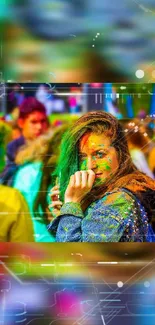 Vibrant festival scene with colorful crowd and expressions.