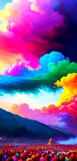 Vibrant festival scene with colorful clouds overhead.