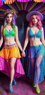 Festival-inspired art of two women in vibrant outfits.