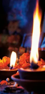 Glowing festival flame with vibrant colors and traditional decor.