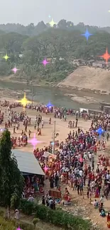 A vibrant festival gathering by the riverside with colorful crowds and star effects.