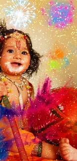 Vibrant wallpaper of joyful child in festive attire with colorful highlights.