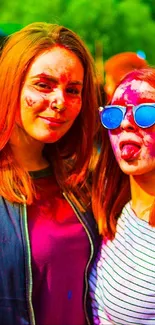 Colorful festival scene with people celebrating outdoors.