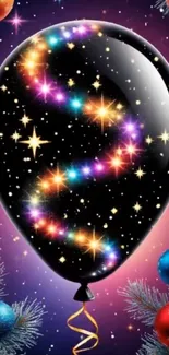 A black festive balloon with colorful stars and holiday decorations.