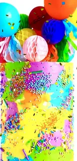 Vibrant cake with colorful decorations, featuring balloons and sprinkles.