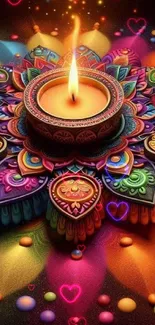 Vibrant candle and colorful design with hearts.