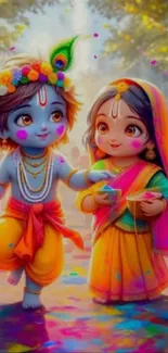 Colorful artwork of Krishna and Radha celebrating a festival.