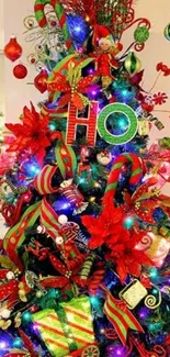 Vibrant Christmas tree with colorful ornaments.