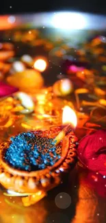 Festive diya with vibrant petals and warm glow.