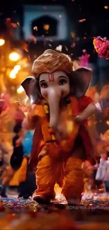 Festive elephant mascot with vibrant colors and flowers.