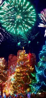 Vibrant fireworks over colorful holiday trees at night.