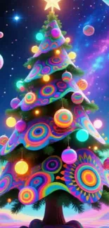 Colorful psychedelic Christmas tree with galaxy background.