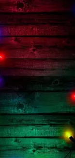 Festive colorful lights on dark wood wallpaper.