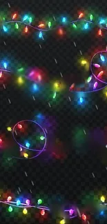 Colorful string lights on black background mobile wallpaper.