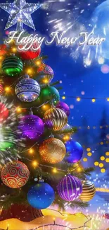 Colorful Christmas tree with Happy New Year text.