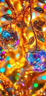 Colorful holiday ornaments on golden branches in a festive display.
