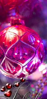 Bright festive ornament with red hues on a purple background.