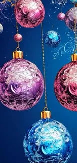 Colorful Christmas ornaments on dark blue background.
