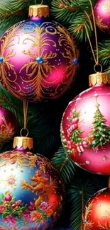 Colorful Christmas ornaments hanging on a tree branch.