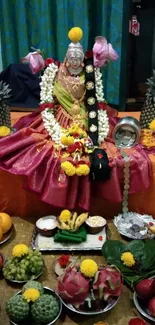 Vibrant and colorful shrine with fruits and flowers.