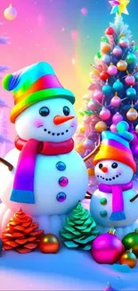 Colorful snowmen and Christmas tree background