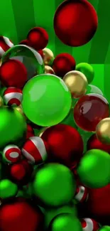 Colorful festive wallpaper with red, green, and gold spheres on a bright green background.