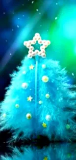 Blue Christmas tree with stars glowing on a festive wallpaper.