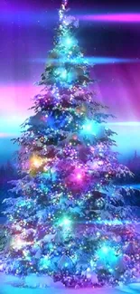 Snowy Christmas tree with colorful lights under the aurora.