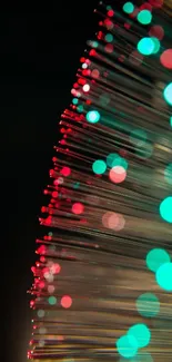 Abstract fiber optic lights with vibrant bokeh in red and teal hues.