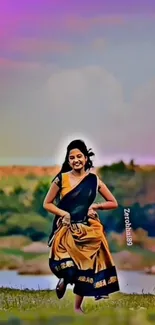 Joyful person in traditional dress in a vibrant green field.