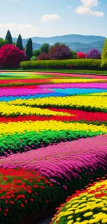 Vibrant multicolored flower field with scenic landscape and trees.