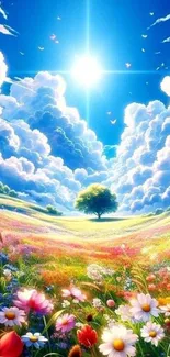 Colorful field under a bright sun with blue sky and fluffy clouds.